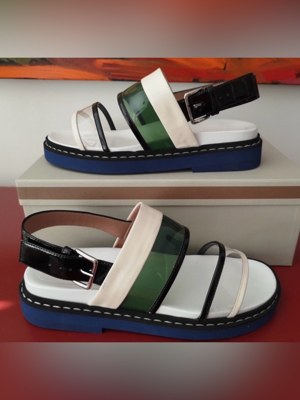 MARNI Women's White and Green Strappy Platform Sandals, sz 38 (~8 US)